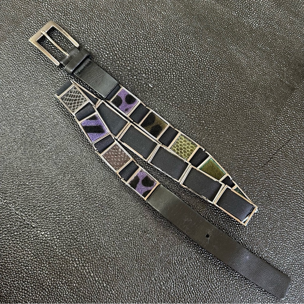 Suzi Roher Stretch Black Leather Belt with Reptile & Suede Framed Metal Links